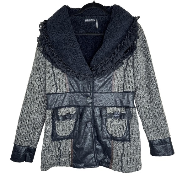 Gaby & Eden Jacket Womens Medium Black Gray Faux Leather Sherpa Shawl Collar - Picture 1 of 15